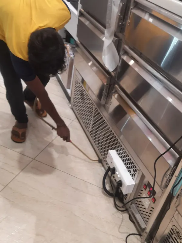 Spray along the base of steel counters in a food kitchen